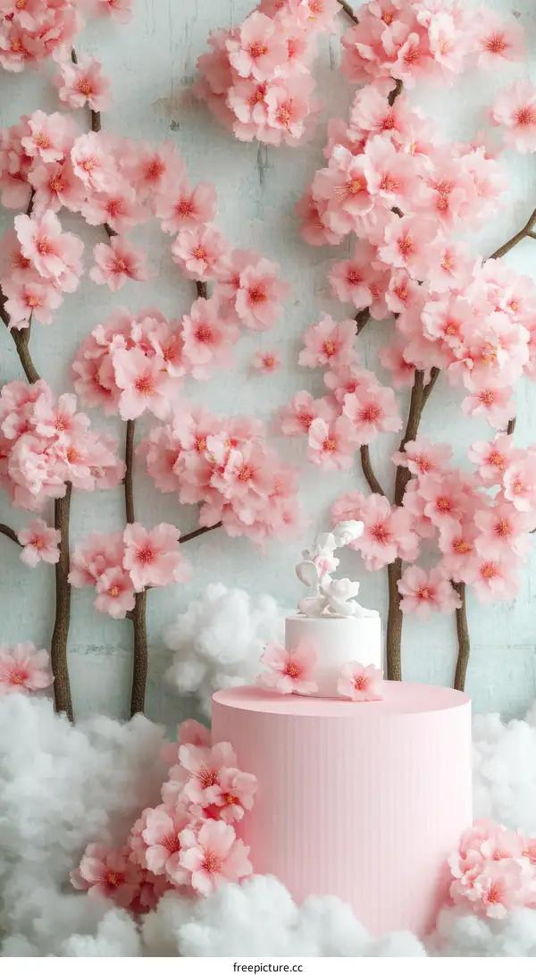 Pink Cherry Blossom Scene with Cake Display