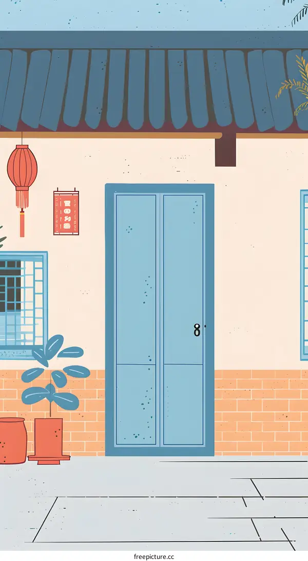 Blue Door Of Chinese Traditional House Illustration