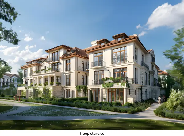 An illustration of a large white house with a red roof