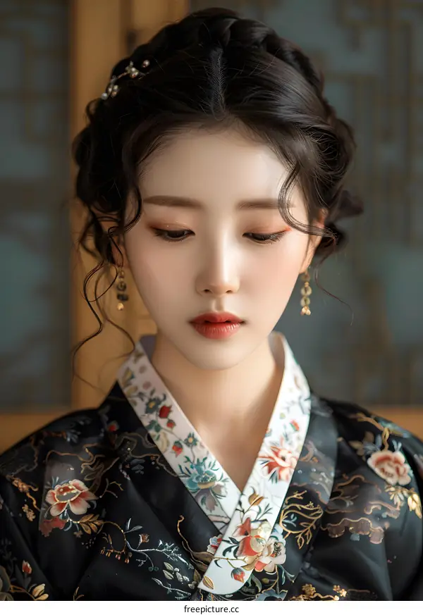Portrait of a beautiful Asian woman in traditional Korean dress, hanbok