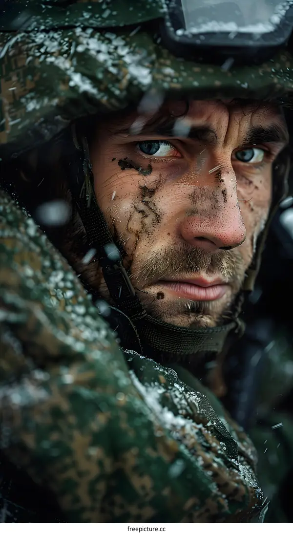 Close Up Portrait of a Soldier in the Snow