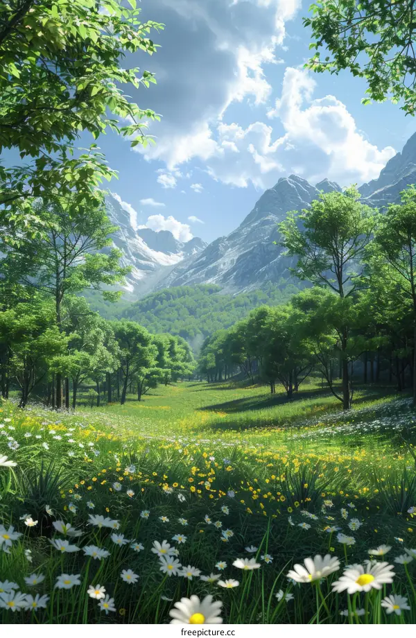 Idyllic Mountain Valley with Abundant Greenery and Wildflowers