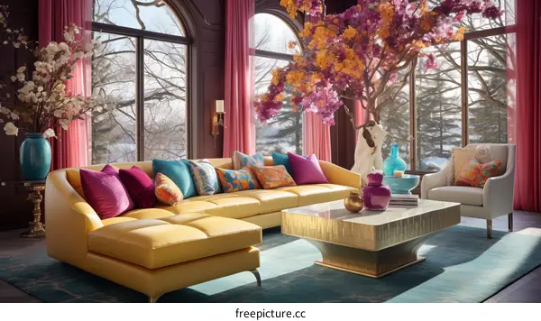 A living room with a large yellow sofa, a coffee table, and a pink tree