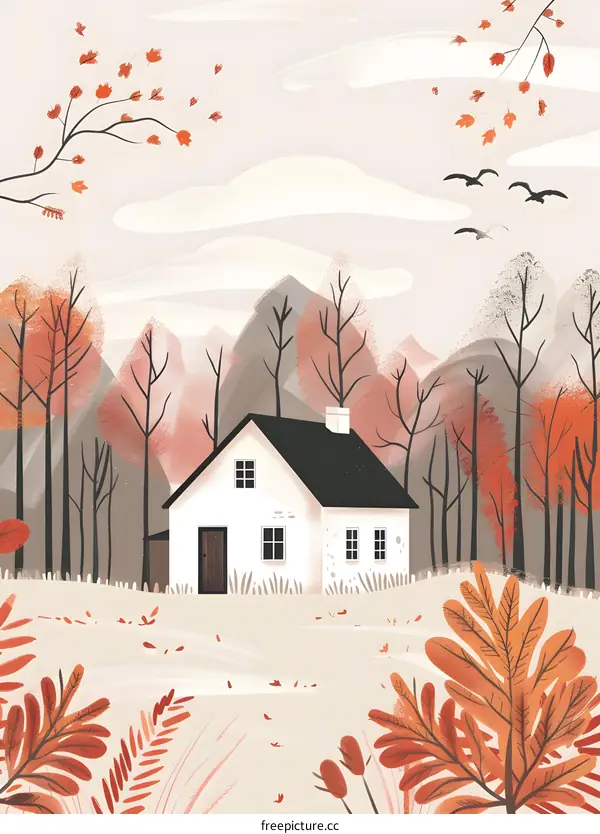 Autumn Illustration with a House in the Forest