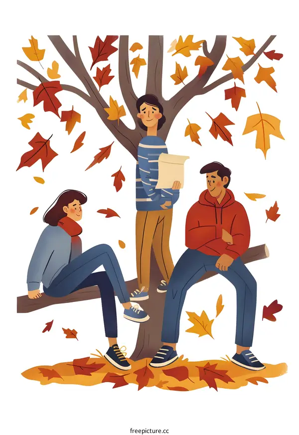 Three Friends Sitting on a Tree Branch in Autumn