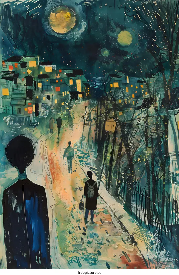 Night Walking Through The City with a Large Moon