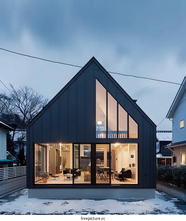 Modern Black House with Large Windows and Snowy Yard