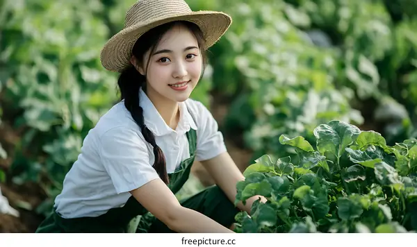 Young Woman Working in a Vegetable Field