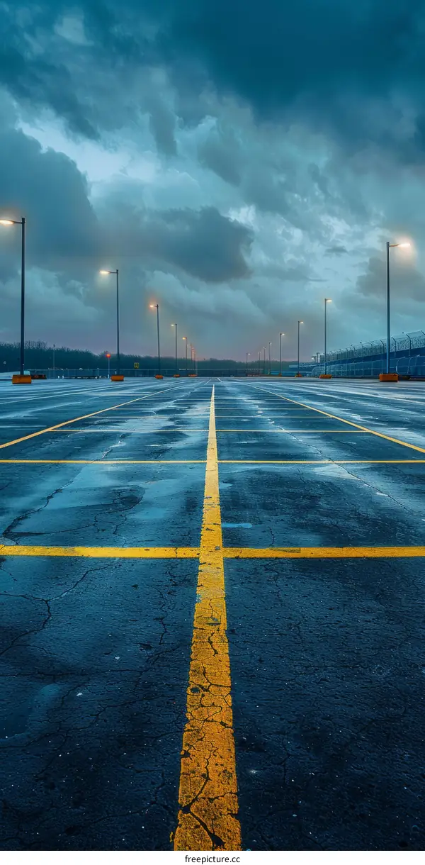 An empty parking lot with a yellow line down the middle