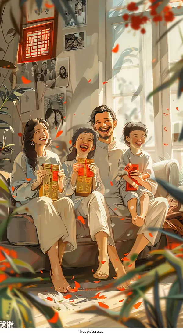 A happy family of four celebrates Chinese New Year