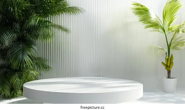 Modern Minimalist White Podium with Tropical Plants