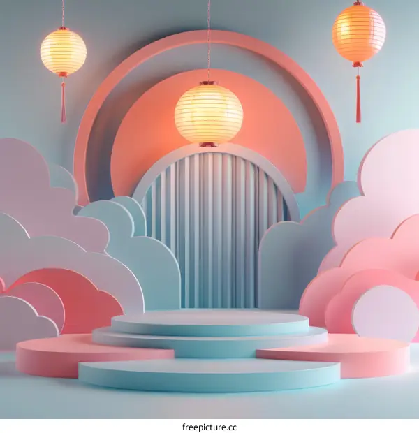 Pastel-Colored 3D Product Display Stage with Chinese Lanterns