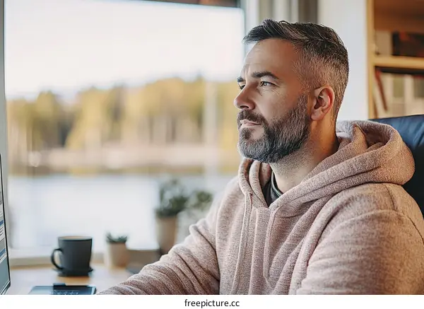 Focused Man Working at Home by Window