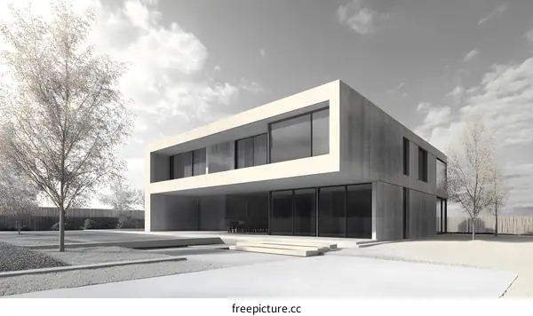 Modern Minimalist Concrete House with Large Windows and a Backyard