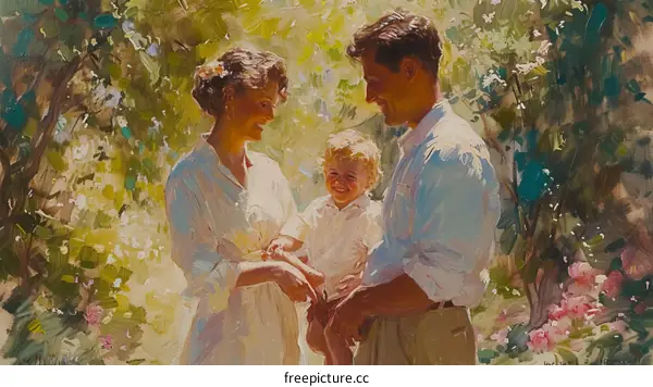 An illustration of a happy family of three in a garden
