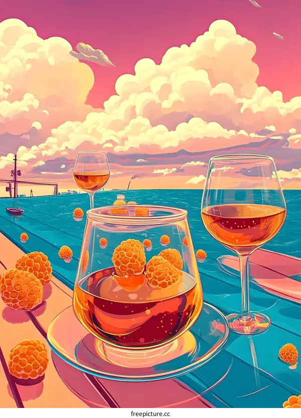 Two Glasses of Wine and Fruit on the Table by the Sea Under the Pink Sky