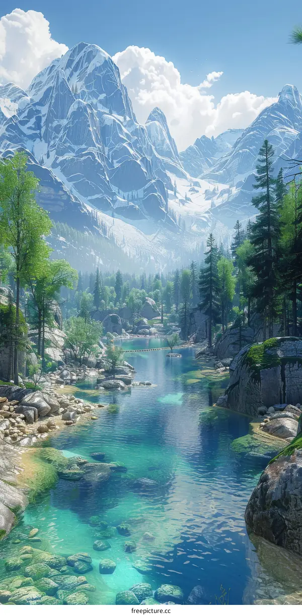 Mountain Lake Landscape with Trees and Rocks