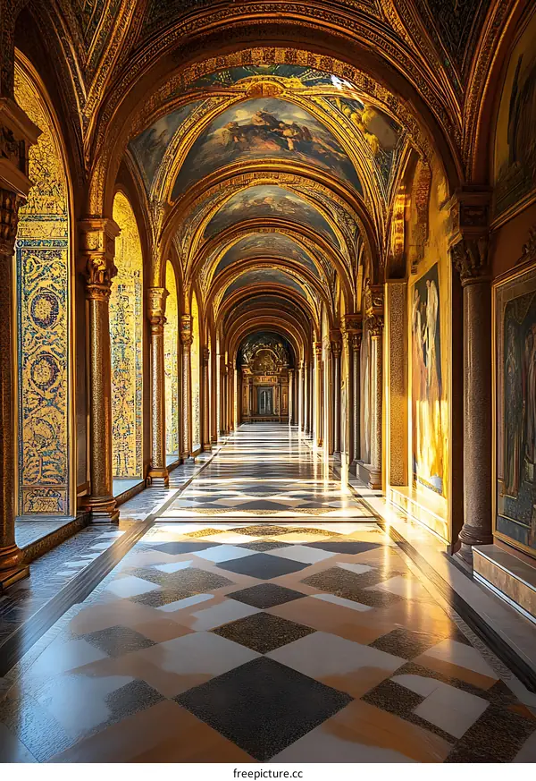 Golden Hallway with Arched Ceiling and Mosaic Tiles