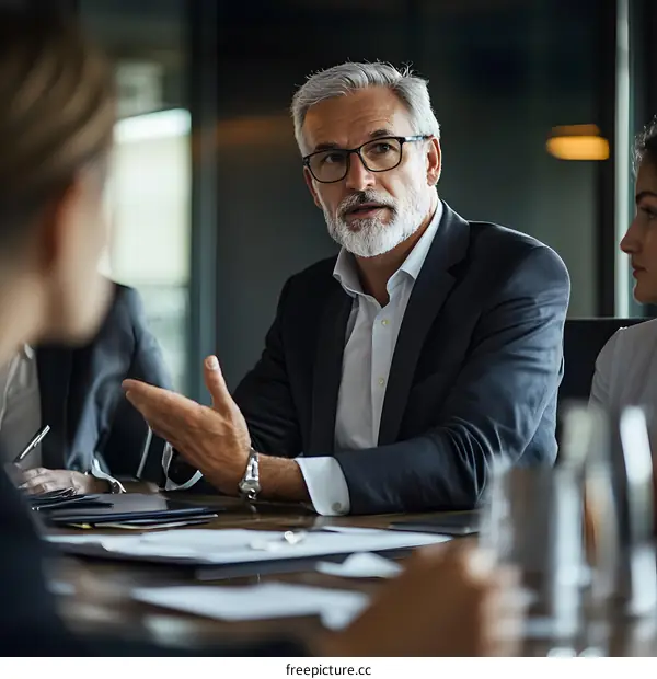 Businessman Leading a Meeting and Giving a Presentation in Office