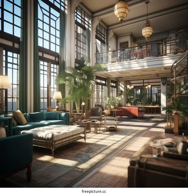 Elegant living room interior with large windows and plants