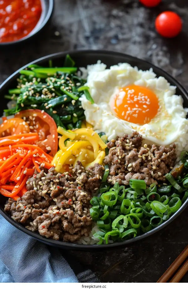 Delicious Bibimbap with Beef, Vegetables and Egg - a Korean Dish