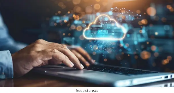 Businessman using laptop with cloud computing technology