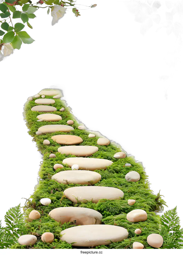 [Transparent Background PNG]Stone Pathway with Green Moss and White Flowers