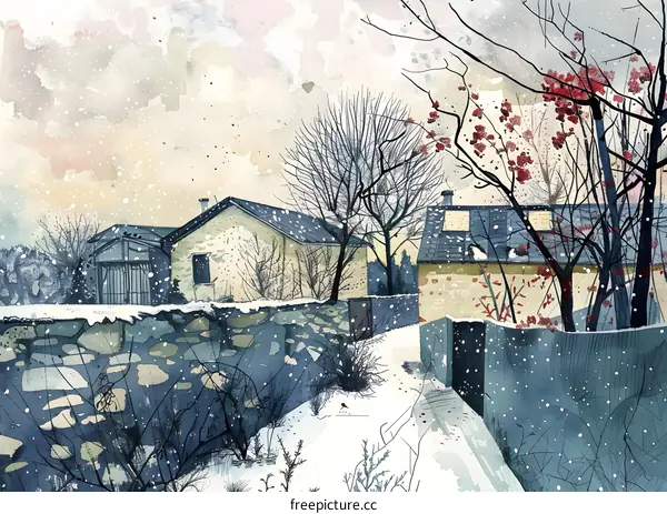 Winter Watercolor Painting of a Snowy Landscape with Houses