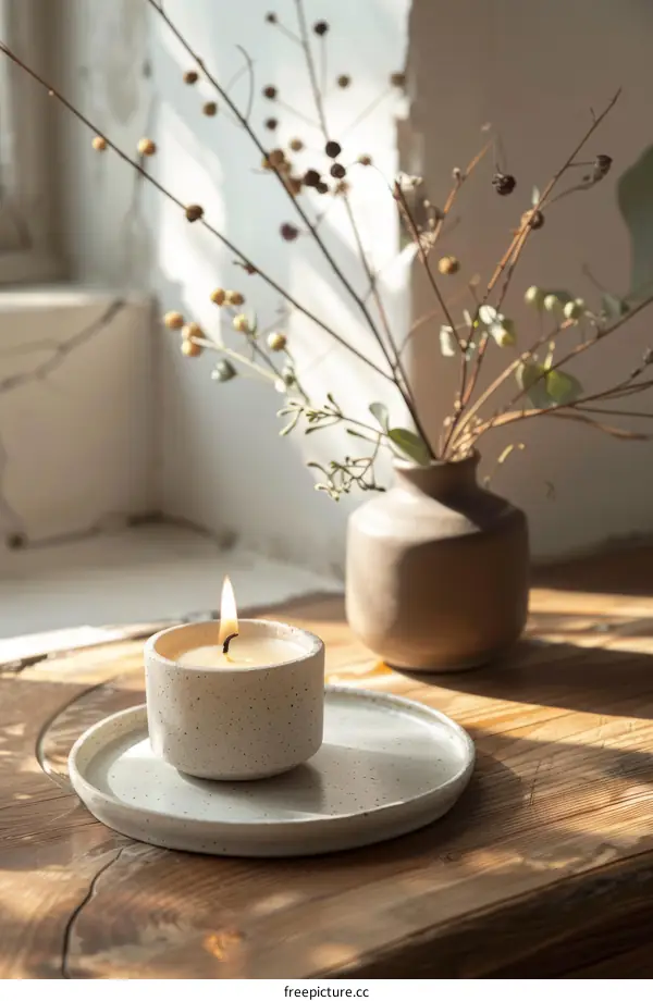 Scented Candle and Dried Flowers on Table