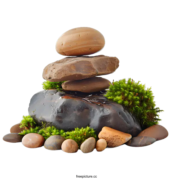 [Transparent Background PNG]Zen Garden With Stacked Stones And Moss