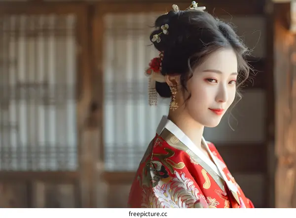 Portrait of a beautiful young woman in traditional Korean dress, or Hanbok