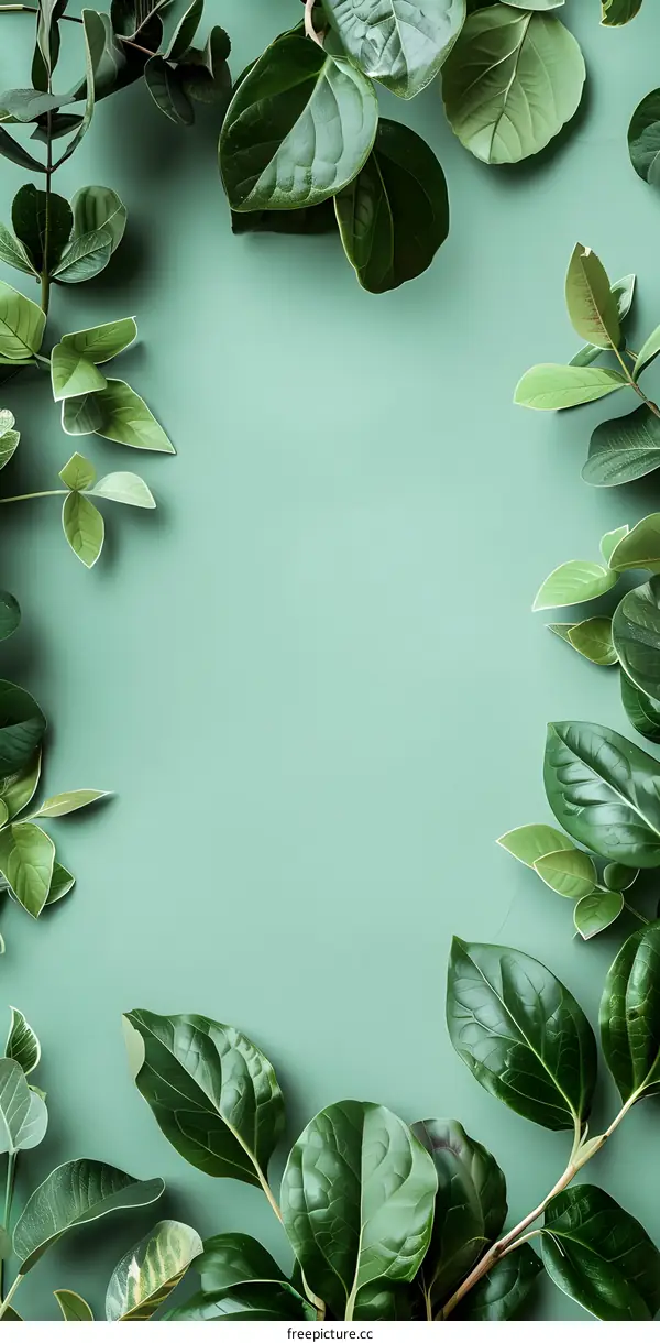Green Leaves Frame On A Light Green Background