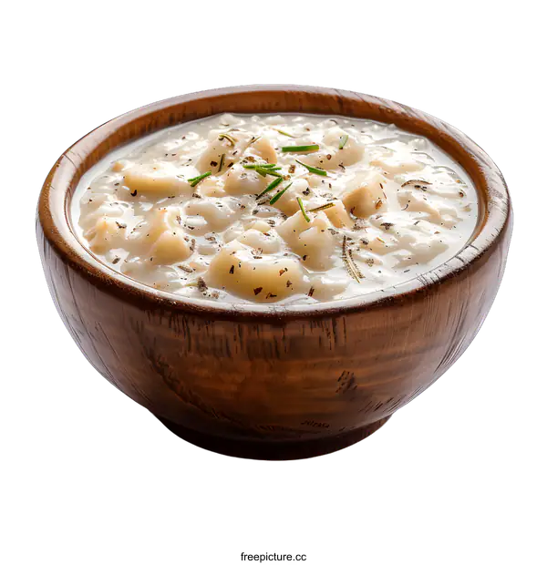 [Transparent Background PNG]Creamy Potato Soup in Wooden Bowl
