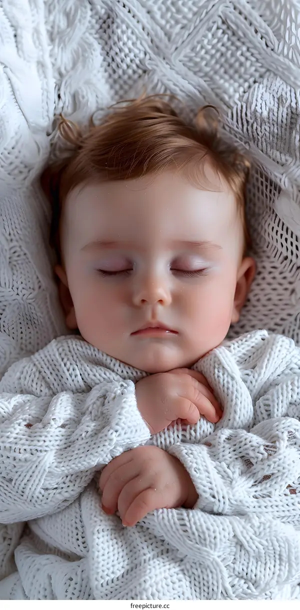 Sleeping baby on a white knitted blanket