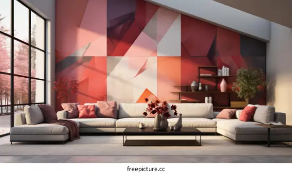 Modern living room interior with large red and pink abstract painting on the wall