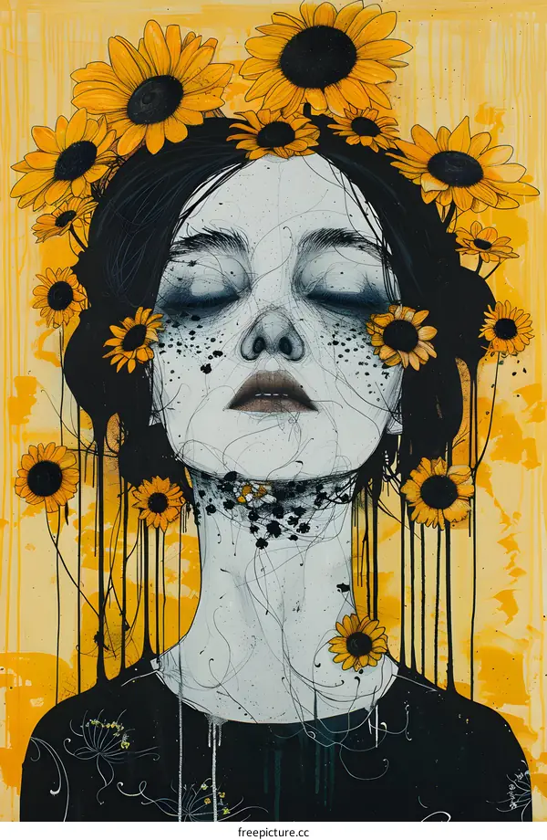 A woman with a crown of sunflowers
