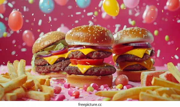 Three cheeseburgers with fries and colorful sprinkles