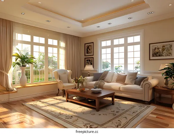 Bright living room with white sofa and green plants