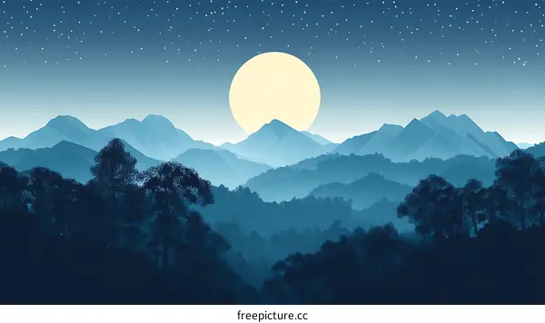Blue Mountains Illustration with Starry Night and Full Moon