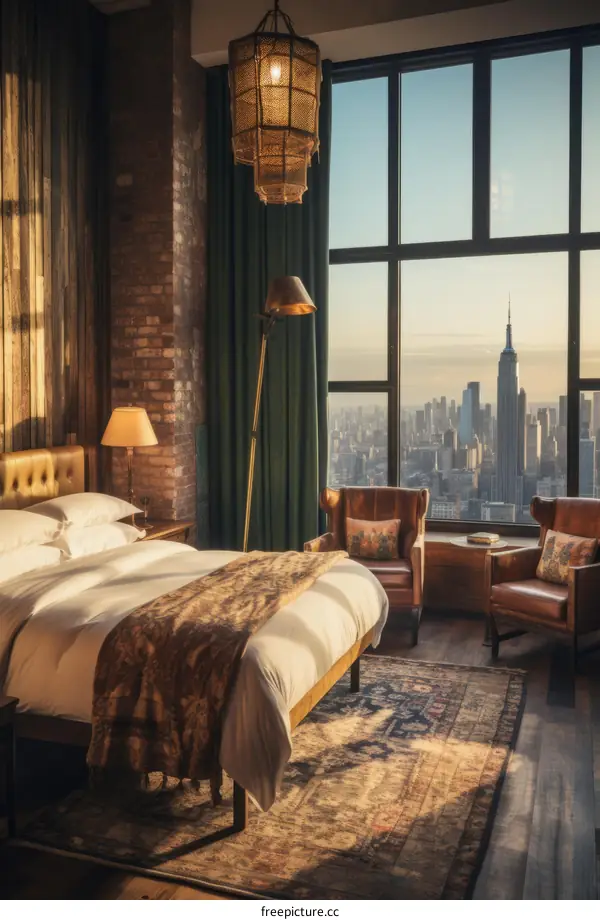 Modern luxury hotel room with stunning city view