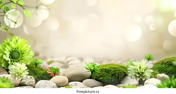 Green Flowers on White Stones and Moss in a Nature Background