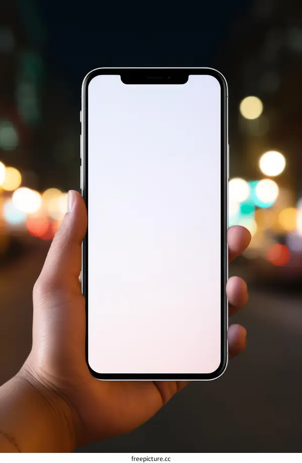 A hand holding a smartphone at night with a blurred background