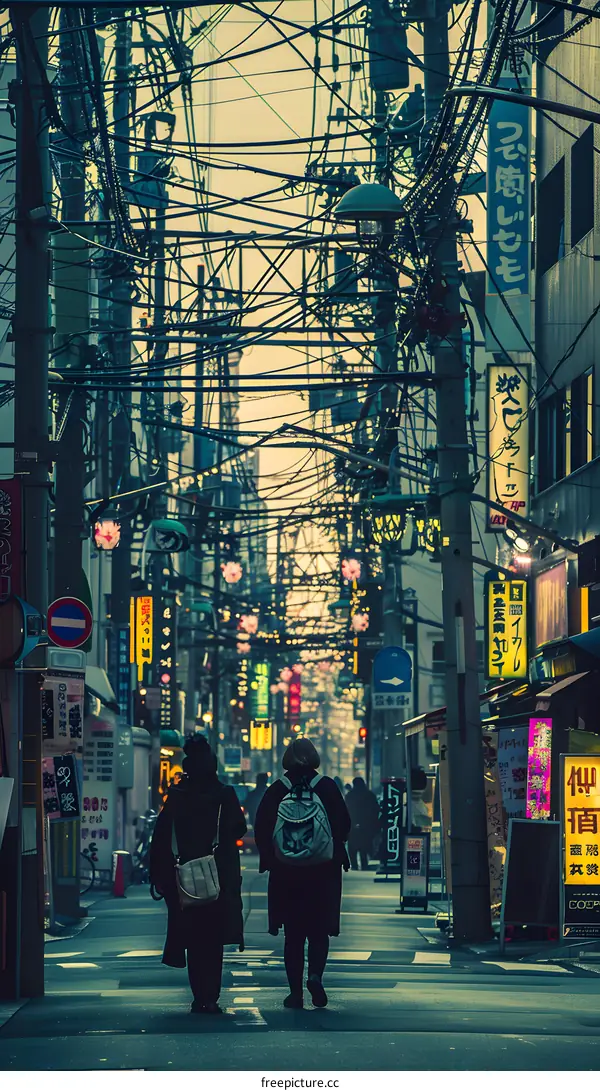 Urban Street with Tangled Wires and Two Women Walking in Japan