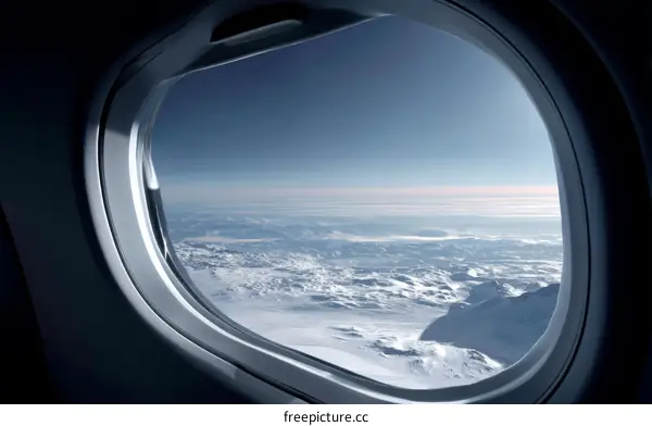 Aerial View of Snowy Mountains from Airplane Window
