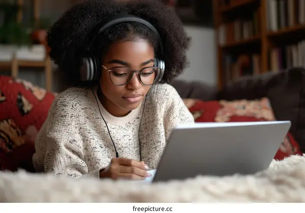 Young Black Woman Studying on Laptop at Home