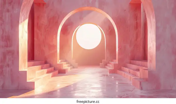 Pastel Pink Surreal Minimal Arch Interior Design Space with Stairs