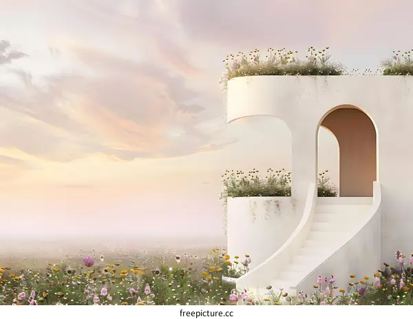 White Architecture with Stairs in Flower Field at Sunset
