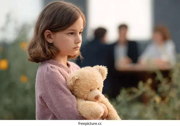 Sad Girl Holding Teddy Bear in Outdoor Setting