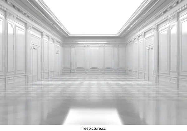 White Room with Decorative Moldings and Checkerboard Floor