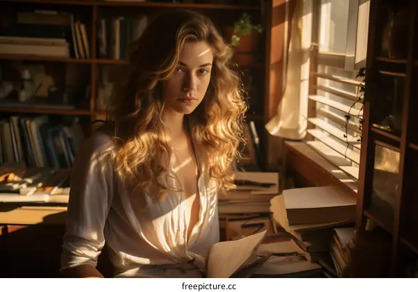 Portrait of a beautiful young woman reading a book in a library